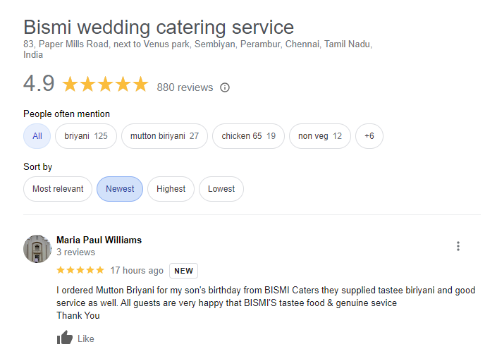 Birthday Catering Google Review